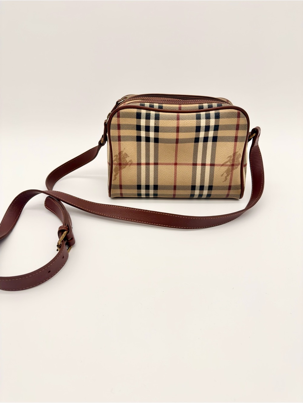 Vintage Burberry London Nova Check Crossbody Bag Brown Leather Double Zip